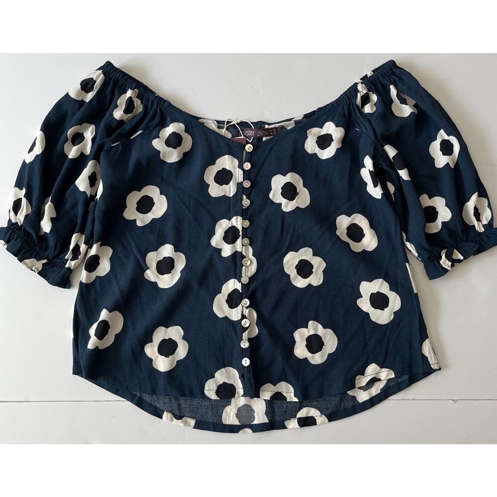 Mister Zimi Navy and Cream Floral Off-Shoulder Button Top